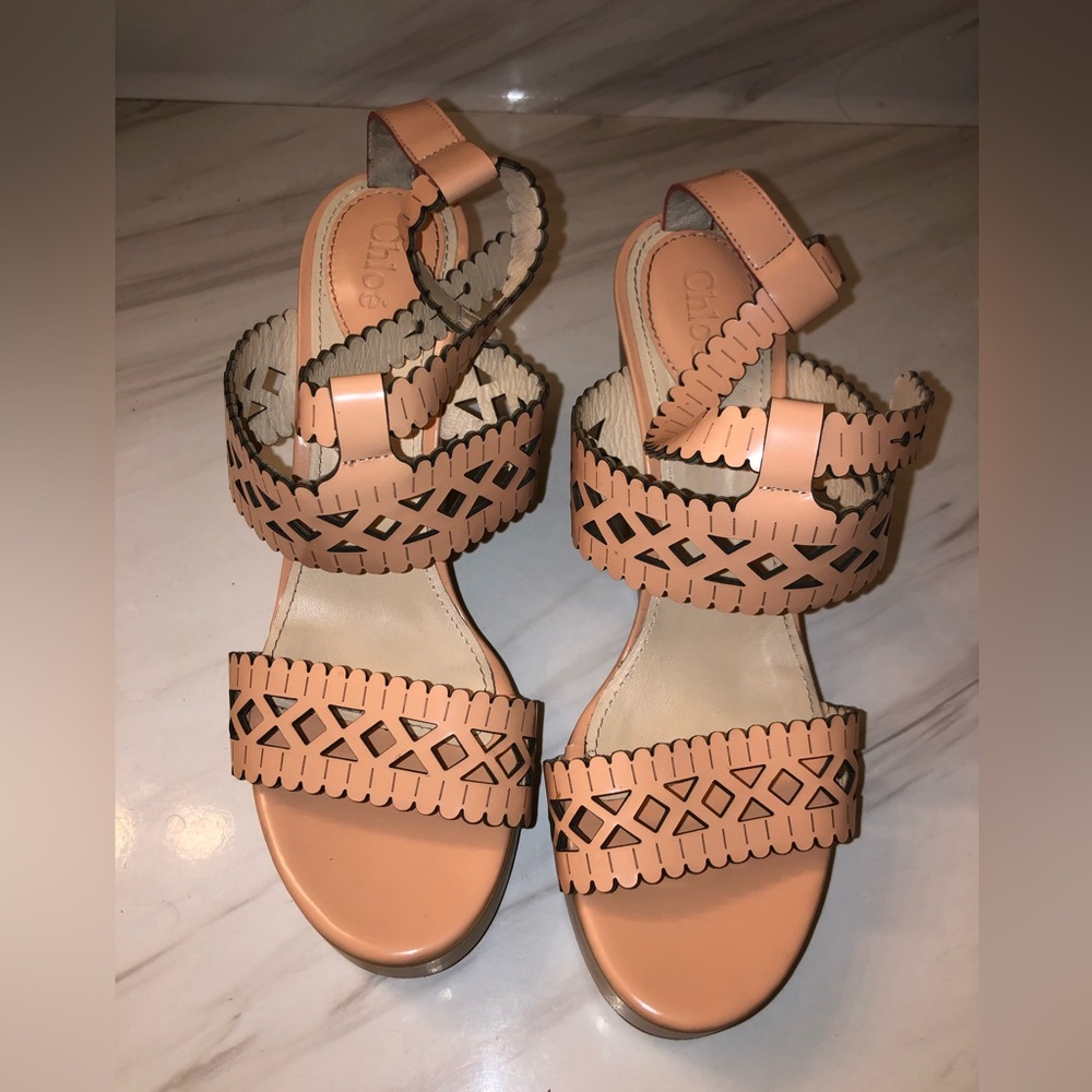Chloe dark beige color leather laser cutout platform heels size 38.5 $590